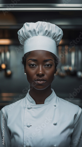 Serious Black Female Chef in White Uniform in Industrial photo