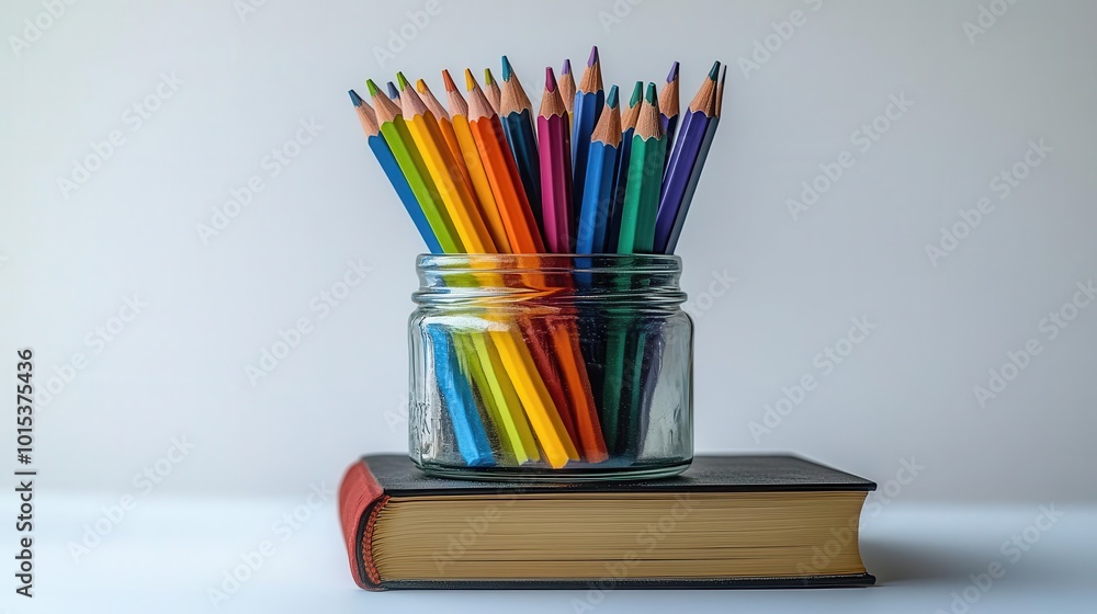 a whimsical stack of books topped with a jar of colorful pencils set against a clean white background symbolizing creativity and the joy of learning in an engaging educational concept a whimsical stack of books topped with a jar of colorful pencils set against a clean white background symbolizing creativity and the joy of learning in an engaging educational concept