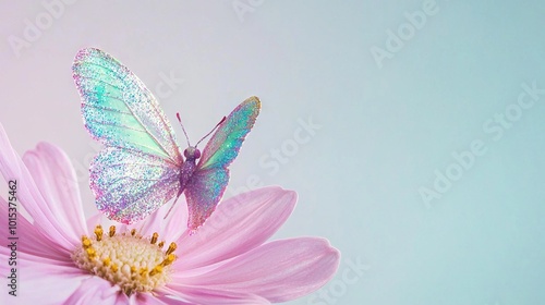   A butterfly atop a pink blossom against a blue backdrop with a nearby pink bloom in the foreground