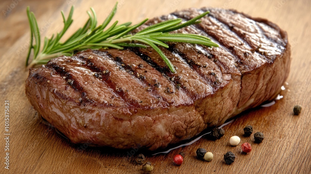 A beautifully grilled beef steak garnished with fresh rosemary and drizzled with olive oil, presented on a rustic wooden board, showcasing vibrant colors and textures. A beautifully grilled beef steak garnished with fresh rosemary and drizzled with olive oil, presented on a rustic wooden board, showcasing vibrant colors and textures.