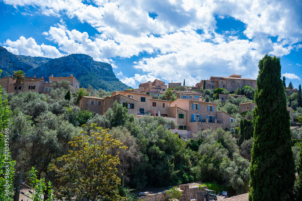 Obraz premium Deia, Mallorca cityscape with Serra de Tramuntana mountain landscape in the background, tree in front, majorca spain