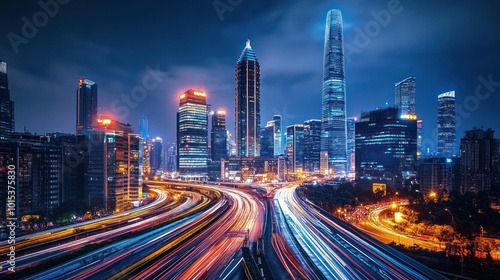 Night Skyline of a Modern City with Traffic