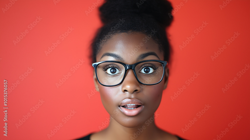 Surprised Black Woman in Glasses with Natural Hair Against Red Background Surprised Black Woman in Glasses with Natural Hair Against Red Background