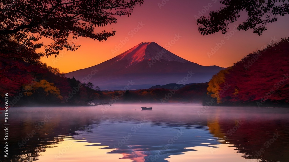 Stunning Sunset Over Mount Fuji: A Serene Reflection on the Calm Lake Surrounded by Vibrant Autumn Foliage, Creating a Breathtaking Scene of Nature’s Beauty and Tranquility Stunning Sunset Over Mount Fuji: A Serene Reflection on the Calm Lake Surrounded by Vibrant Autumn Foliage, Creating a Breathtaking Scene of Nature’s Beauty and Tranquility
