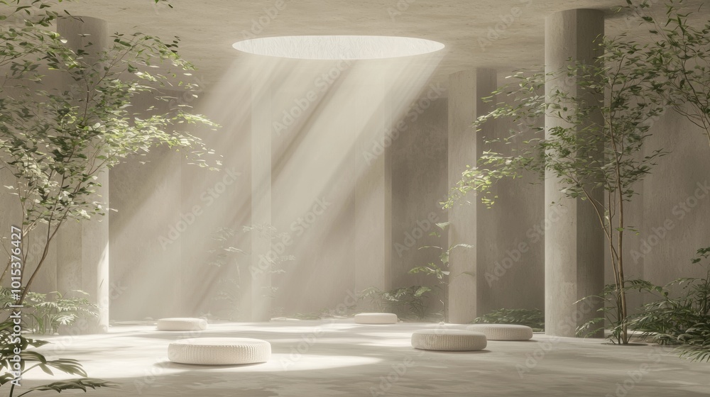 Zen Tranquility - Ray Tracing Fengshui Concept Art of Serene Meditation Space with Soft Cushions, Calming Colors, and Nature Elements for Mindfulness Zen Tranquility - Ray Tracing Fengshui Concept Art of Serene Meditation Space with Soft Cushions, Calming Colors, and Nature Elements for Mindfulness