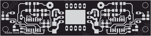 Electric background. Vector pcb pattern. 
Printed circuit board of electronic 
device with electrical
conductors, microcontroller and contact pads placed on it.  Engineering drawing. 