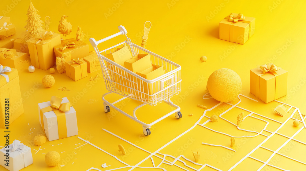 A Bright Yellow Banner Featuring A 3D Shopping Cart Gift Boxes A A Bright Yellow Banner Featuring A 3D Shopping Cart Gift Boxes A