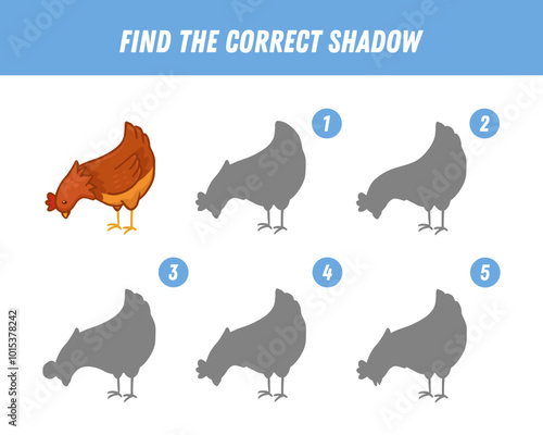  Find correct shadow of cute chicken. Educational logical game for children. Cartoon chicken. Cute farm hen. Worksheet for education. Vector illustration