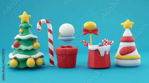 A collection of fun Christmas items for design. It includes a shopping bag, gift box, toy cone, Christmas tree, candy cane, and snow globe. These 3D objects are drawn in a cartoon style.