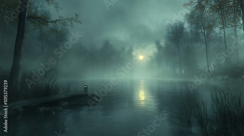 Dark Creepy Lake with Fog