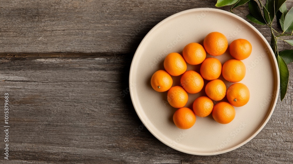Small kumquat fruits are beautifully arranged in a circular pattern on a light beige ceramic plate set against a rustic wooden surface, creating a fresh autumn harvest display Small kumquat fruits are beautifully arranged in a circular pattern on a light beige ceramic plate set against a rustic wooden surface, creating a fresh autumn harvest display