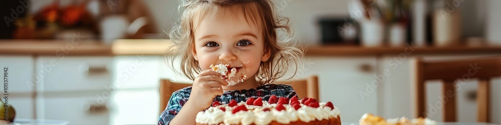 the child is eating a cake. Selective focus the child is eating a cake. Selective focus