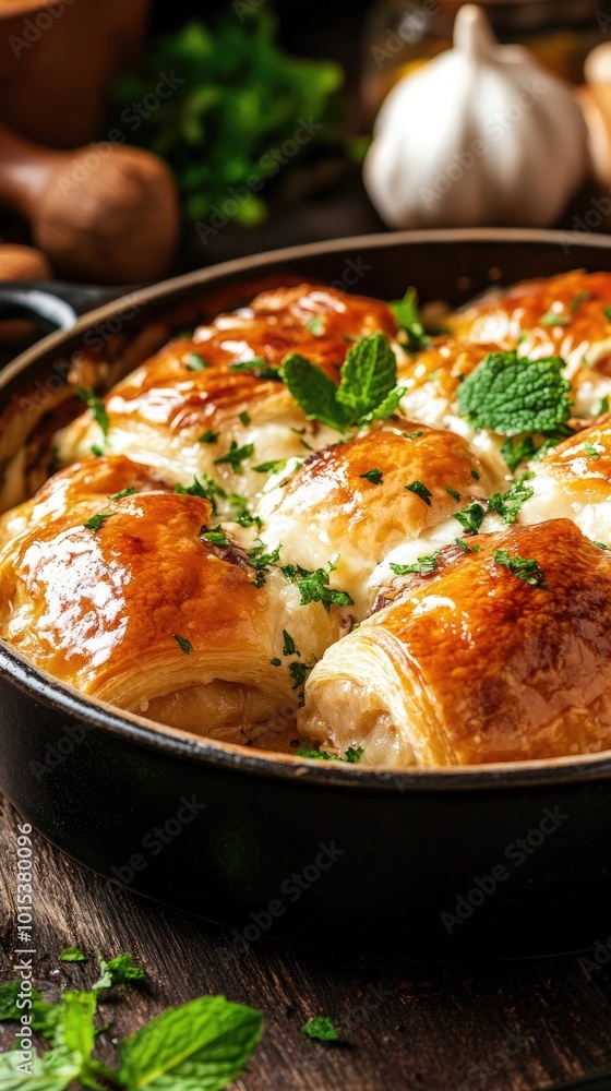 Enjoy a close-up of classic baklava with a golden glaze, nestled among fresh mint and nuts on a baking tray, perfect for a national holiday iftar celebration Enjoy a close-up of classic baklava with a golden glaze, nestled among fresh mint and nuts on a baking tray, perfect for a national holiday iftar celebration