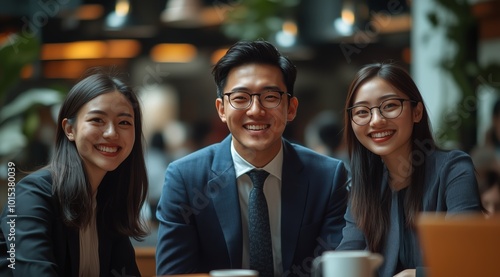 Young Asian Businessman and Two Female Colleagues Smiling During Office Meeting Around Conference Table, Representing Team Collaboration and Professional Success in a Modern Office Setting