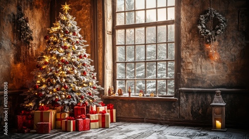 An image of a Christmas tree with presents under a window with snow in the background. photo