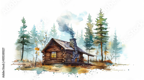 Watercolor Illustration of a Rustic Log Cabin in a Forest Setting with Smoke from Chimney. Concept of Cozy Wilderness Retreat, Nature Escape, Tranquil Outdoor Living, cosy house