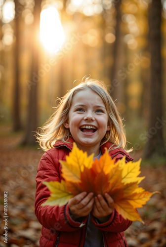 Portrait of a joyful young blonde little girl in a forest in autumn, happy to show the leaves she has collected