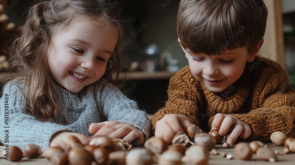 Autumn Joy as Children Craft Toys From Horse Chestnuts in a Cozy Indoor Setting Filled With Seasonal Warmth
