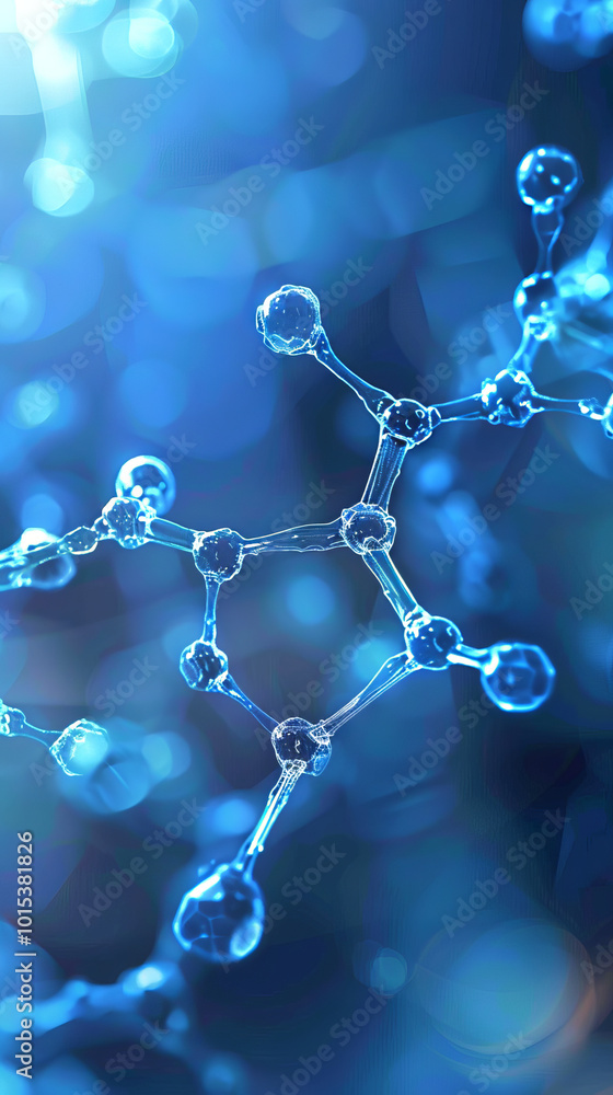 Abstract Molecular Structure with Blue Chemical Patterns. Concept of Science Innovation, Technological Advancement, Future Research. Copy space. Vertical Abstract Molecular Structure with Blue Chemical Patterns. Concept of Science Innovation, Technological Advancement, Future Research. Copy space. Vertical