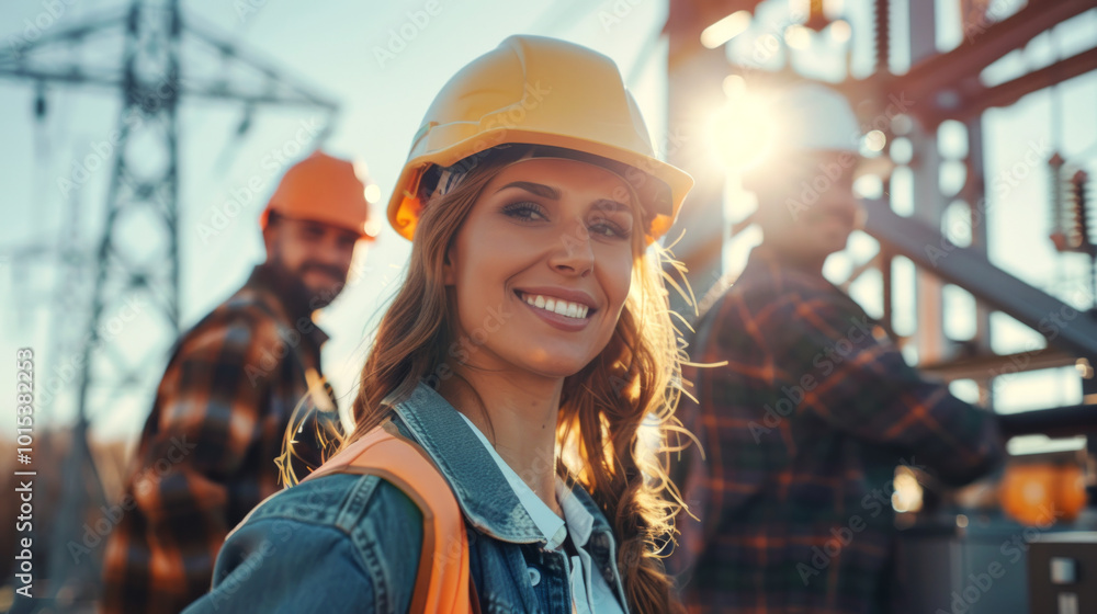Female engineer smiling at a power station with team members in the background. Concept of women in engineering, teamwork, power infrastructure, and energy industry Female engineer smiling at a power station with team members in the background. Concept of women in engineering, teamwork, power infrastructure, and energy industry