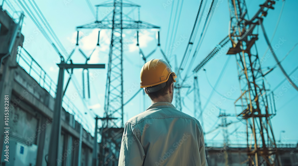 Rear View of Caucasian Man in Safety Helmet Inspecting Power Lines at a Power Plant. Concept of Electrical Engineering, Infrastructure Development, Safety in Industrial Workplaces Rear View of Caucasian Man in Safety Helmet Inspecting Power Lines at a Power Plant. Concept of Electrical Engineering, Infrastructure Development, Safety in Industrial Workplaces