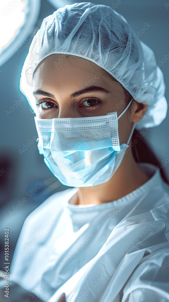 Female Dentist in Protective Mask. Doctor or surgeon wearing surgical mask and hair cap in medical setting. Concept of healthcare professional, medical expertise, patient care, hospital environment Female Dentist in Protective Mask. Doctor or surgeon wearing surgical mask and hair cap in medical setting. Concept of healthcare professional, medical expertise, patient care, hospital environment
