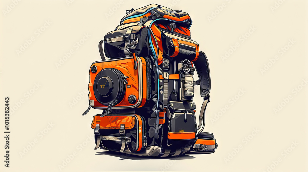 Fototapeta premium Illustration of a fully equipped travel backpack with multiple compartments and accessories on an off-white background. Concept of adventure gear, hiking essentials, and outdoor equipment