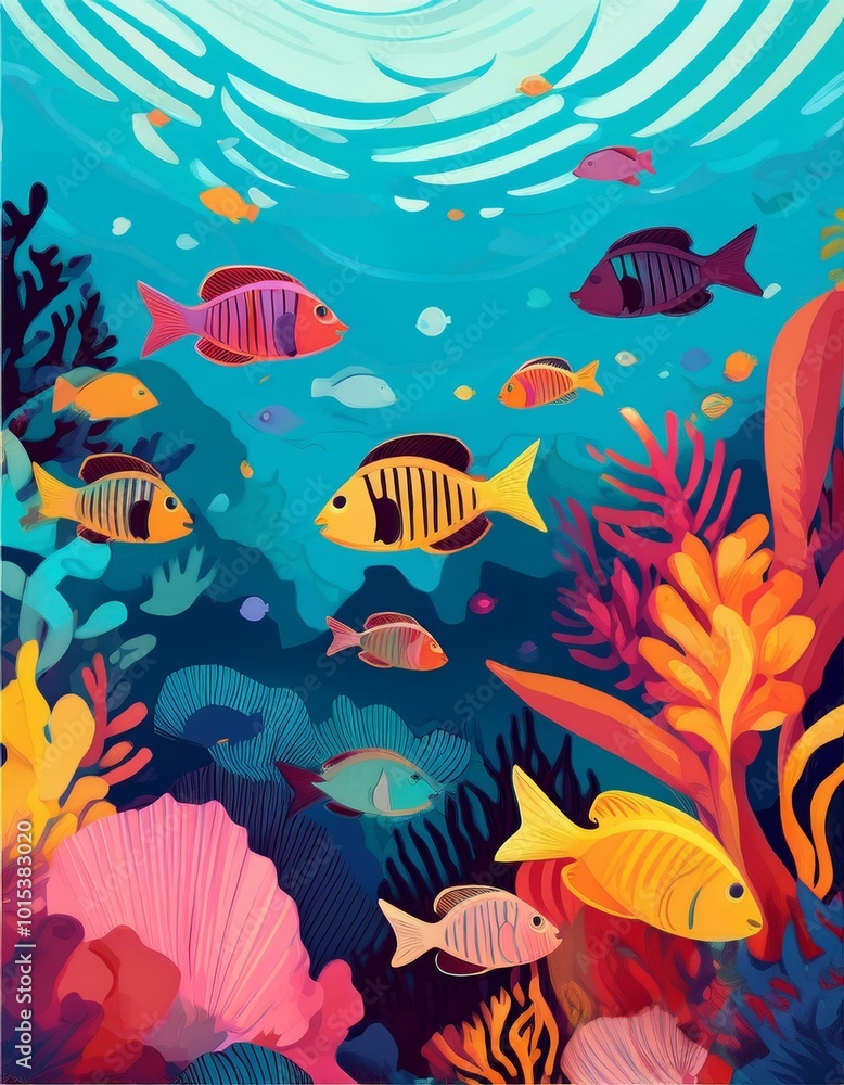 Naklejka premium Colorful fish swim in coral reef
