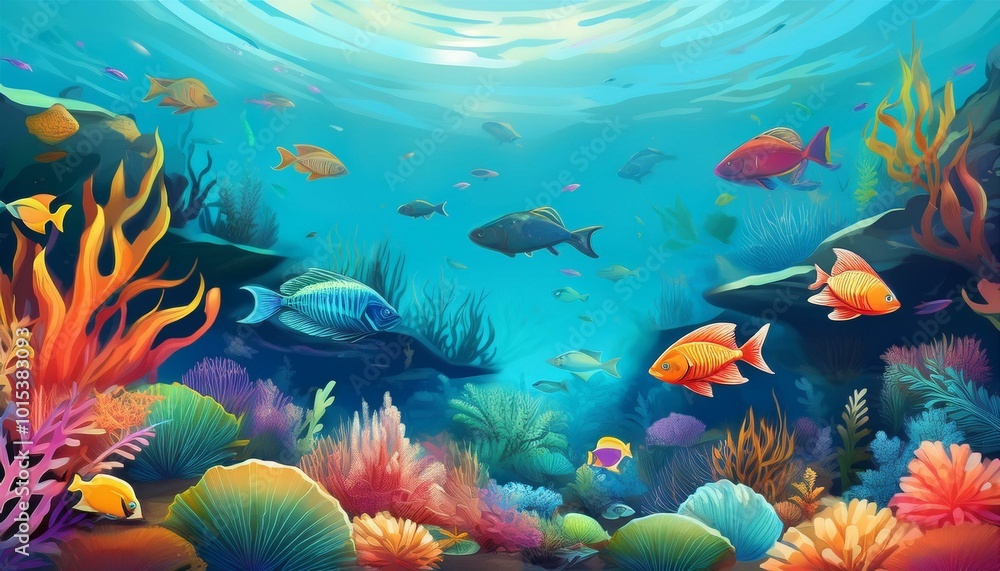 Naklejka premium Colorful fish swim among coral