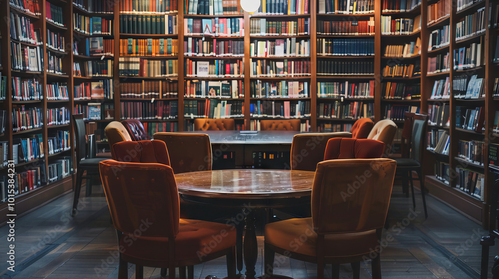 Empty cozy library with elegant armchairs and a round wooden table surrounded by towering bookshelves. Concept of knowledge, study atmosphere, classic reading space Empty cozy library with elegant armchairs and a round wooden table surrounded by towering bookshelves. Concept of knowledge, study atmosphere, classic reading space
