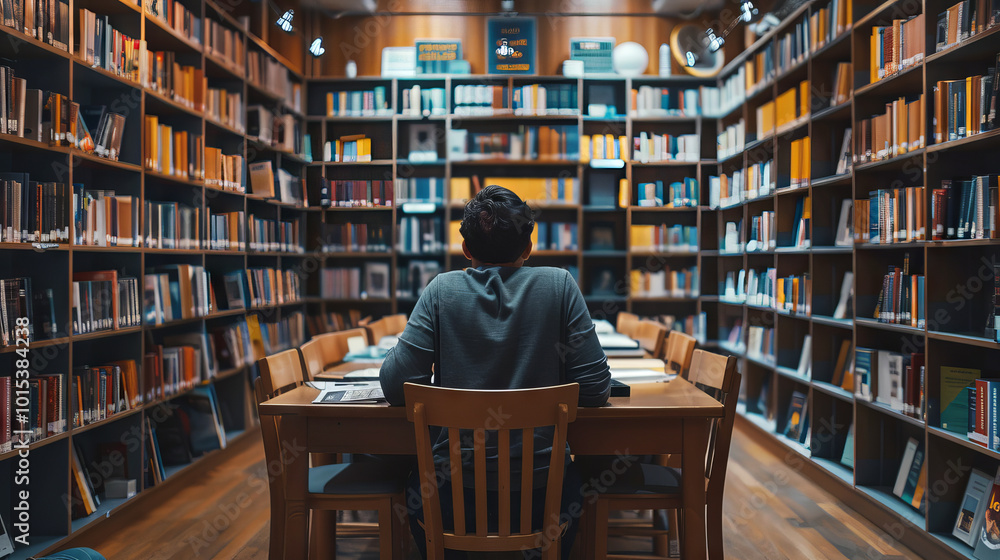 Young man studying alone in a modern library surrounded by bookshelves. Concept of education, solitude, and knowledge absorption Young man studying alone in a modern library surrounded by bookshelves. Concept of education, solitude, and knowledge absorption