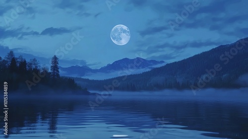 Moon rises over lake with forest in fg and mountain range in background