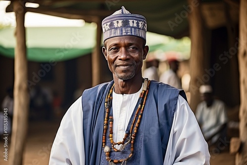 African, Nigerian, Hausa man in his 50's standing in a village environment. photo