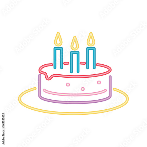 neon birthday cake with burning blue candles