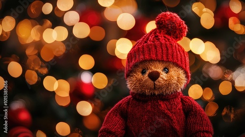 Wallpaper Mural Adorable teddy bear in a cozy red sweater, illuminated by festive lights. Torontodigital.ca