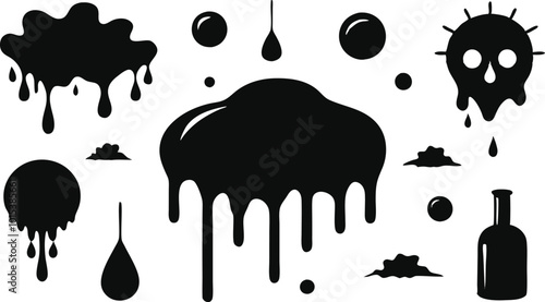 Set of various ink splatter elements, useful for backgrounds or grunge design projects.