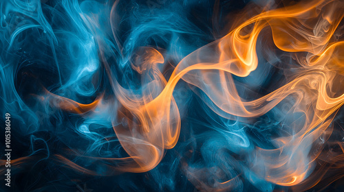 This captivating scene features a swirling fusion of vibrant blue and orange hues intertwined with vivid smoke