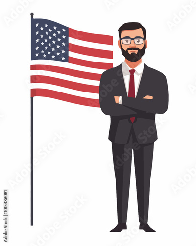 A lawyer standing with the american flag. Patriotic vector isolated on a white background. 