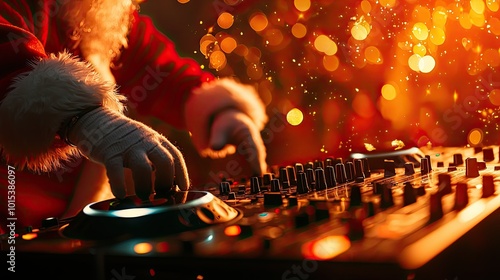 DJ in Santa costume mixing music with vibrant holiday lights.