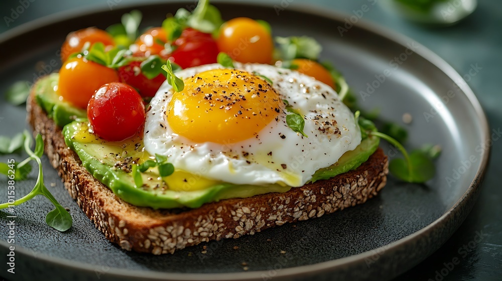 Tasty toasted bread with cherry tomatoes and microgreens on rustic whole grain bread Tasty toasted bread with cherry tomatoes and microgreens on rustic whole grain bread