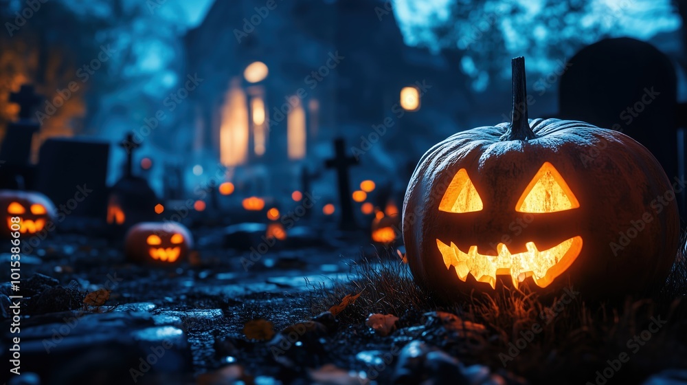 Obraz premium Jack O' Lanterns in a Haunted Graveyard on a Spooky Night