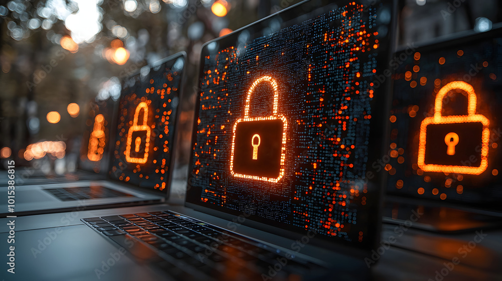 Set of three laptops with digital padlocks as a symbol for cyber security and data protection, isolated Set of three laptops with digital padlocks as a symbol for cyber security and data protection, isolated