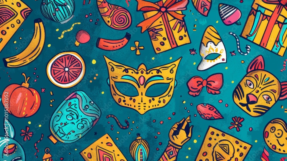 A colorful background with various items such as a mask, a banana, and a cat A colorful background with various items such as a mask, a banana, and a cat