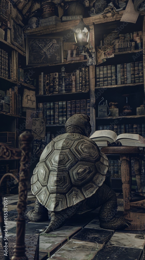 A turtle is sitting at a desk in a library A turtle is sitting at a desk in a library