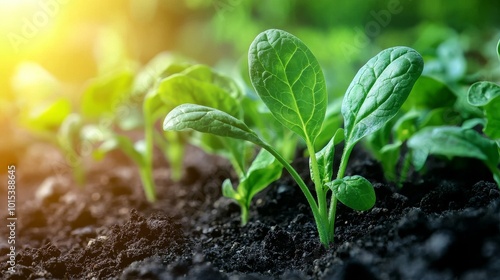 Plants grow out of earthy soil in a garden setting