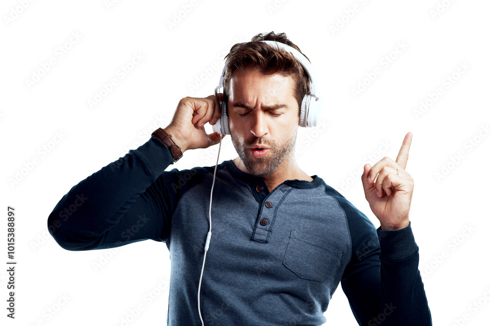 Fototapeta premium Dancing, energy and man with headphones, listening to music and model isolated on white studio background. Person, dancer and guy with headset, stress relief and streaming for sound, audio and song