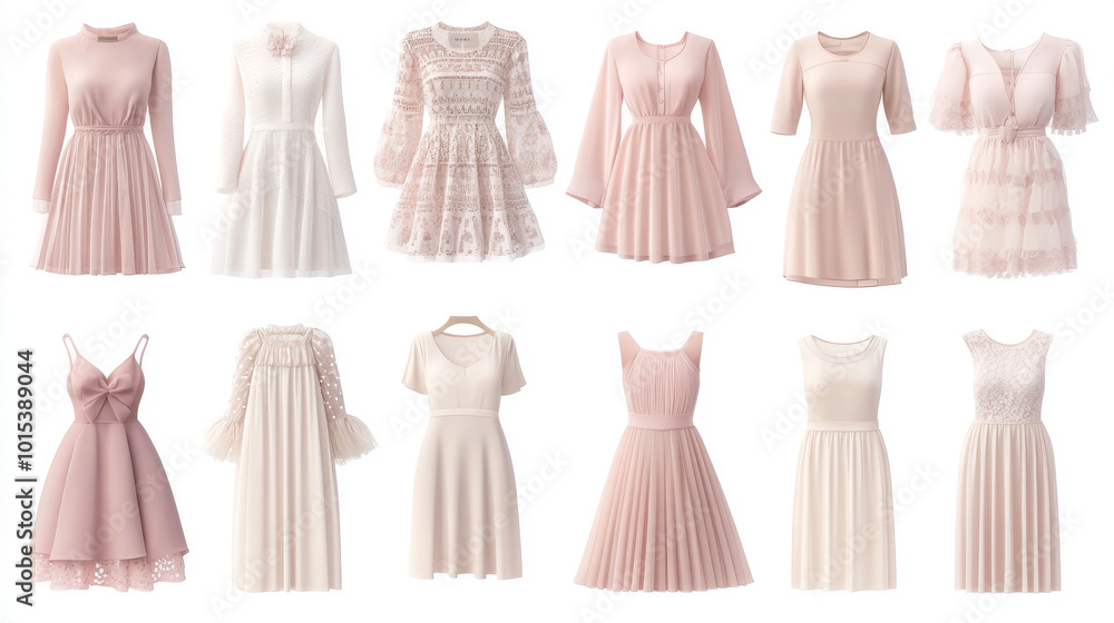 A set of pretty women's clothes, all in soft pastel colors like pink and beige, are shown against a white background. A set of pretty women's clothes, all in soft pastel colors like pink and beige, are shown against a white background.