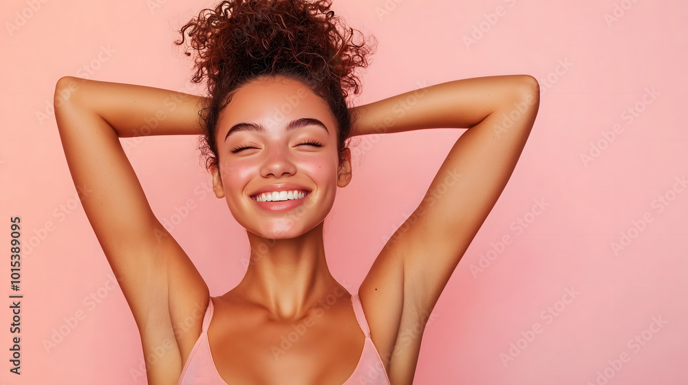 Close-up portrait of a happy, beautiful woman with clean, fresh skin on a pastel background, showing her armpits and raising her arms in a front view, studio shot, photorealistic, soft lighting Close-up portrait of a happy, beautiful woman with clean, fresh skin on a pastel background, showing her armpits and raising her arms in a front view, studio shot, photorealistic, soft lighting