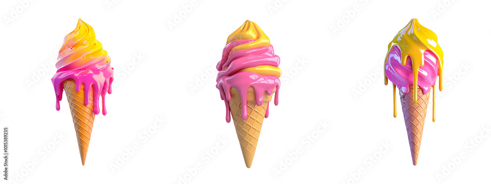 Melted Ice Cream Cones in Yellow and Pink. Illustration.on transparent, white background, isolate PNG Melted Ice Cream Cones in Yellow and Pink. Illustration.on transparent, white background, isolate PNG