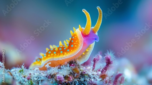 Close-up of a red-blue sea slug on coral